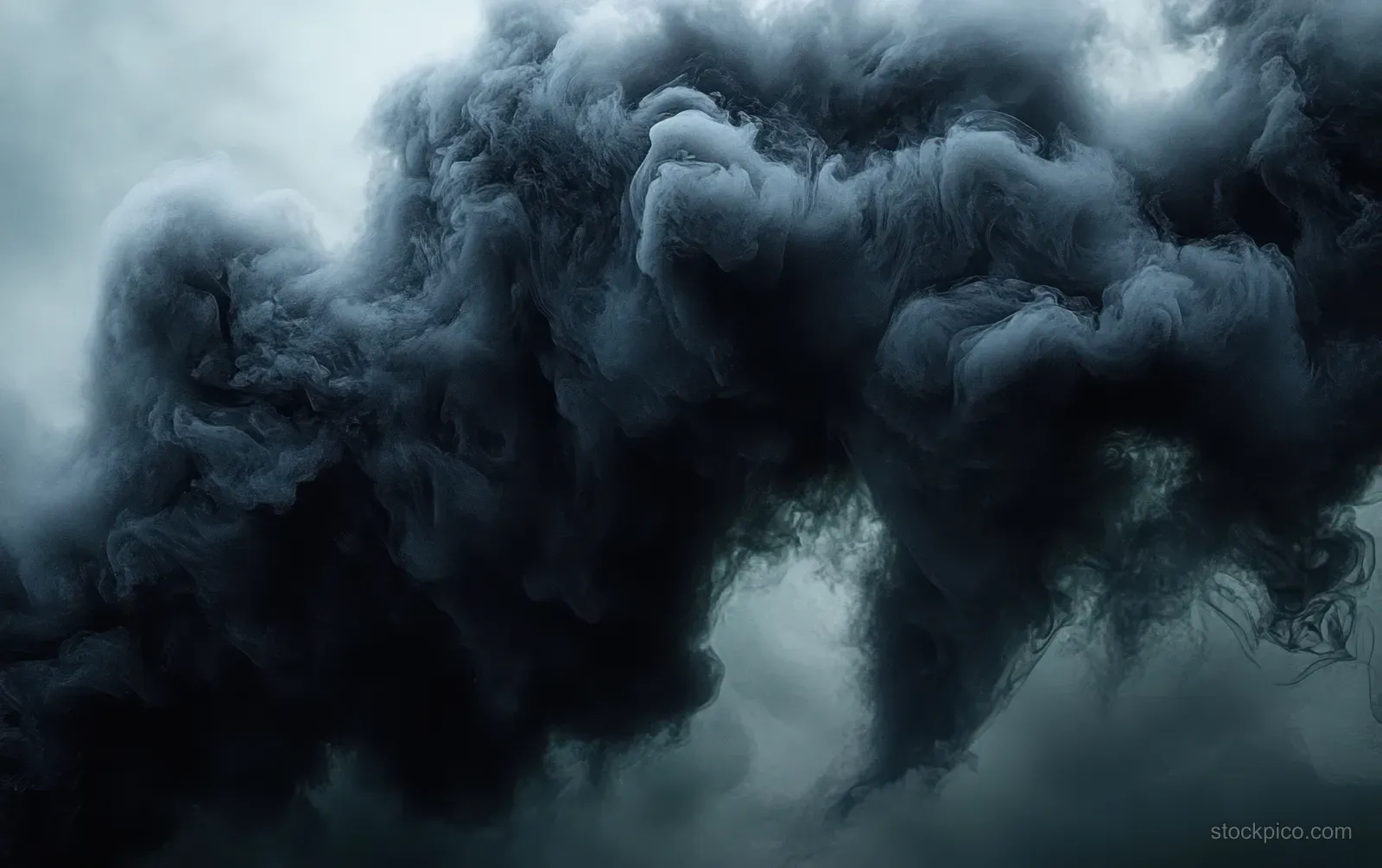 Black smoke swirls across a foggy sky, forming a dense toxic-looking cloud with layered texture.