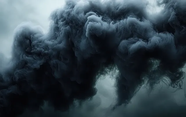 Black smoke explosion billows across a foggy sky, swirling into a menacing toxic cloud