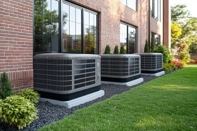 Three outdoor HVAC air conditioning units are installed on concrete pads beside a brick building with reflective windows and nearby shrubs.