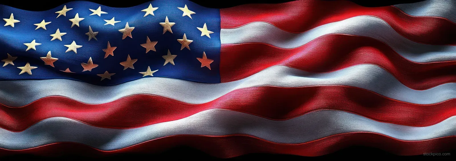 American flag fills the frame as stars and red-white stripes wave with textured fabric in dramatic light.