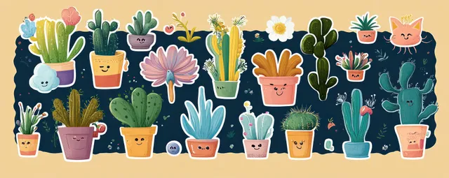 Colorful smiling cartoon cacti and succulents in potted planters with small flower and insect doodles on dark blue.