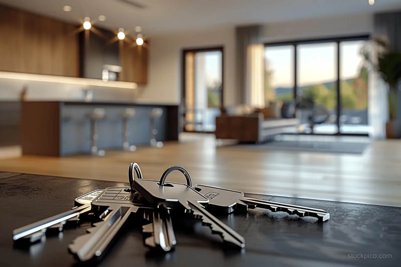 Metal keys lying on a kitchen counter with a blurred open-plan living room and windows behind them.