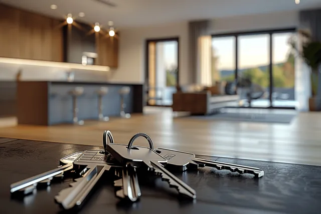 Metal keys lying on a kitchen counter with a blurred open-plan living room and windows behind them.