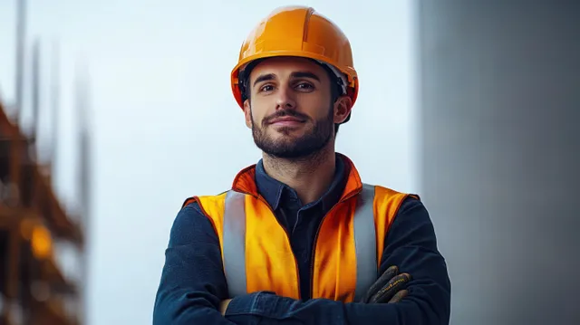 Construction worker in hard hat and high-visibility jacket stands with arms crossed facing camera against a bright minimal background.