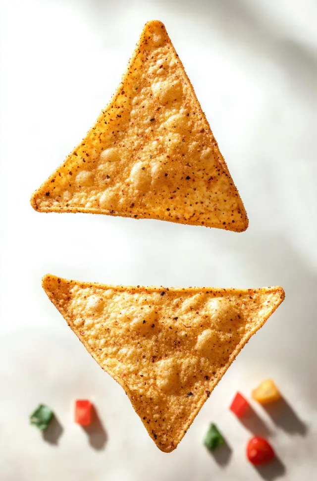 Two golden triangular tortilla chips sprinkled with seasoning floating above a white surface with blurred diced vegetables below.