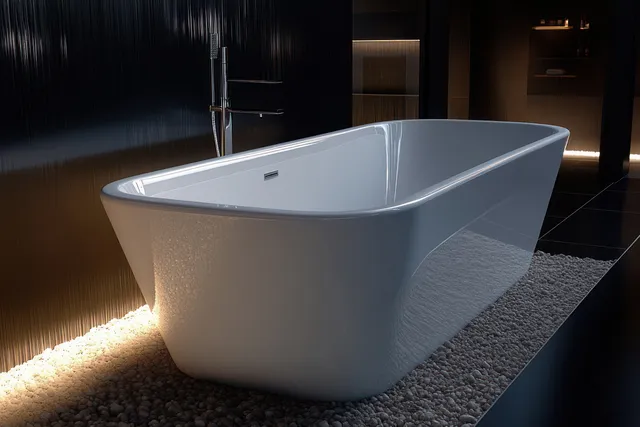 White freestanding bathtub in a dark bathroom with pebble floor and warm backlit wall glow.
