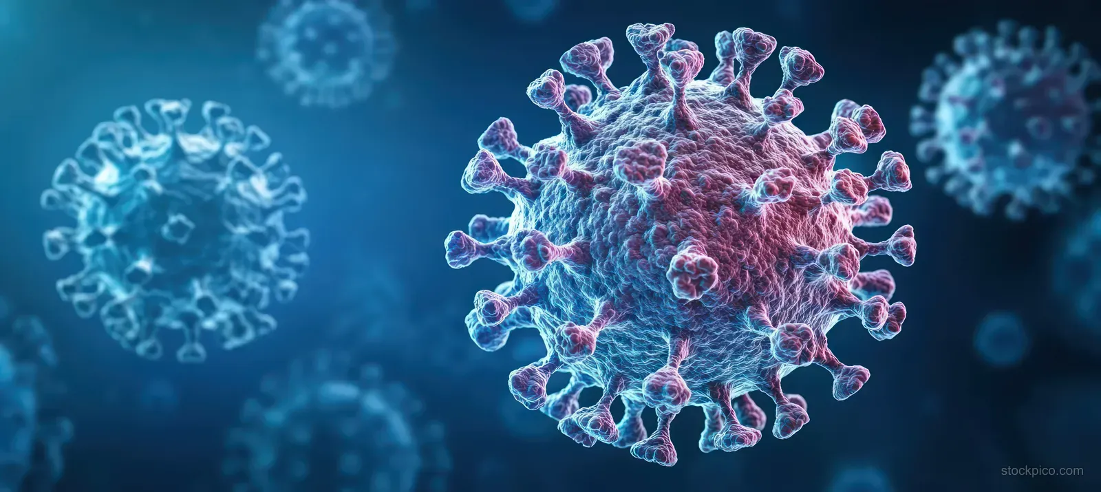 Detailed visualization of a coronavirus particle with dramatic lighting and a textured bio-themed background.