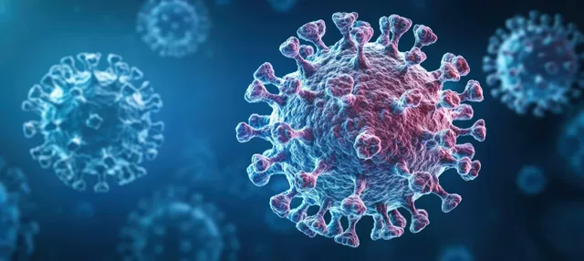 Detailed visualization of a coronavirus particle with dramatic lighting and a textured bio-themed background.
