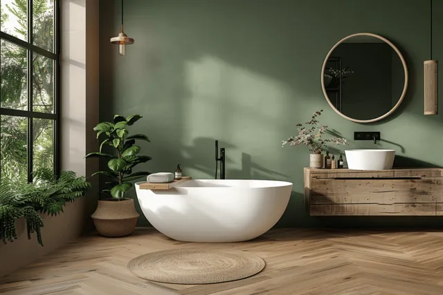 Minimalist bathroom scene with white vessel sink and freestanding tub against green walls