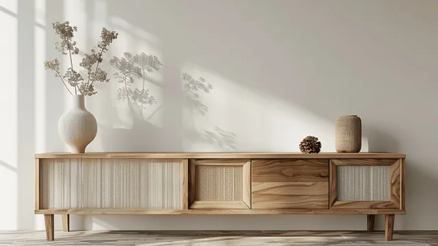 A wooden sideboard with vases and small ornaments in a bright minimalist living room under soft sunlight.