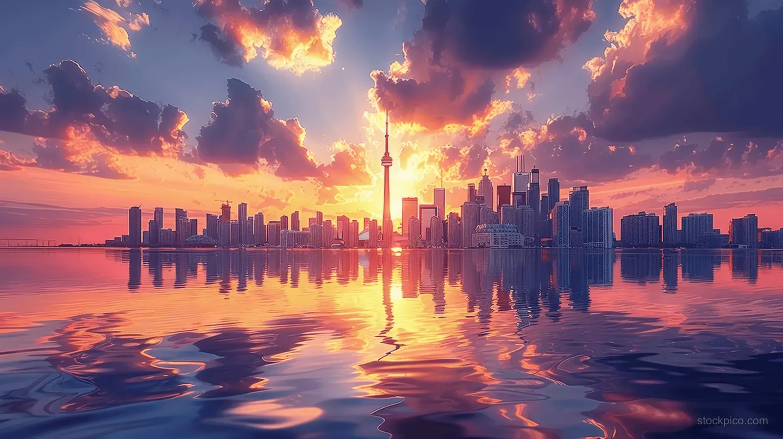 Toronto skyline at sunset with colorful clouds and mirrored buildings on Lake Ontario.