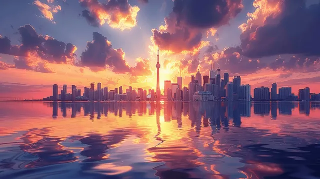 Toronto skyline at sunset with colorful clouds and mirrored buildings on Lake Ontario.