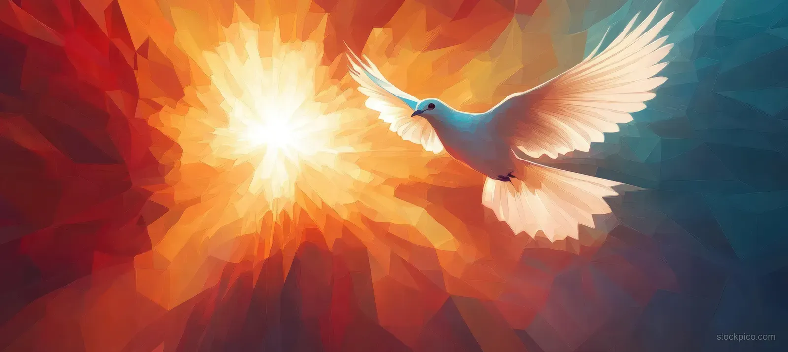 Low-poly dove with wings spread flies through radiant sunburst light and colorful flame-like rays.