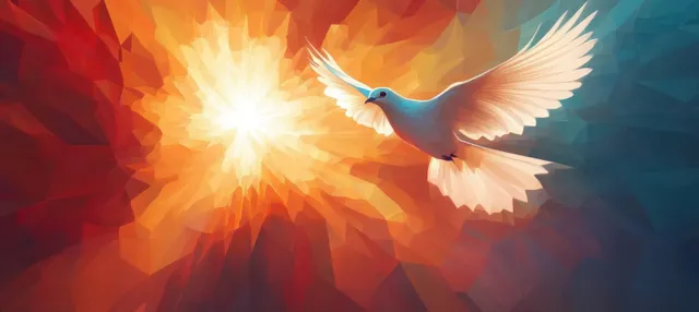Low-poly dove of the Holy Spirit emerging from radiant flame-like light
