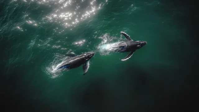 Two whales swim underwater beneath the ocean surface with sunlight reflections across the blue water.