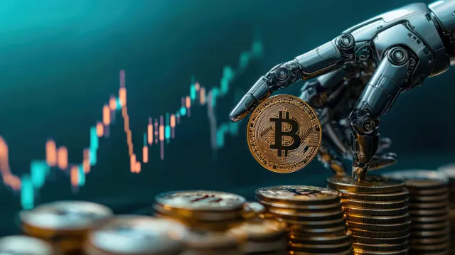 Futuristic robotic hand holding a Bitcoin coin above stacked coins with a glowing financial chart behind.