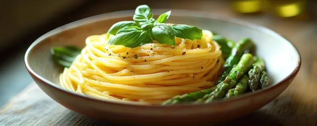 Spaghetti topped with basil and black pepper sits beside steamed asparagus on a wooden table.