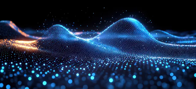 Blue quantum-style light waves ripple across a dense particle grid with glowing interference arcs in a dark background.