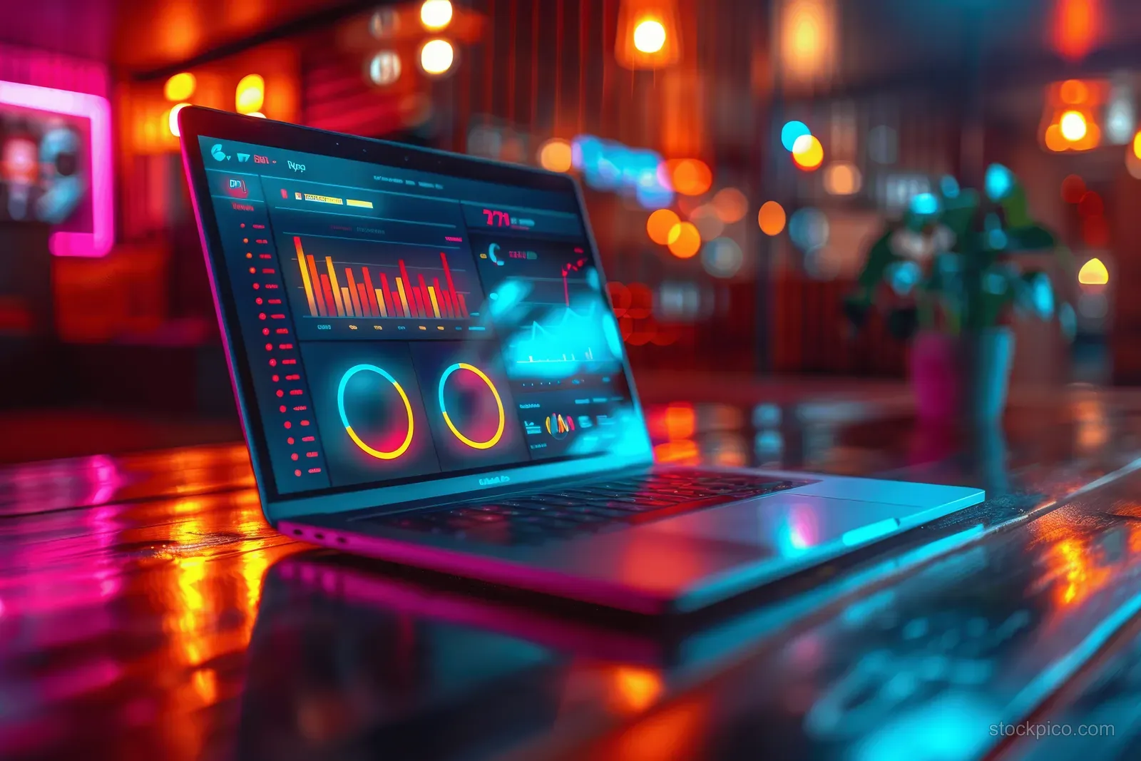 Laptop screen shows KPI charts and gauges beside a keyboard with neon city lights blurred in the background.