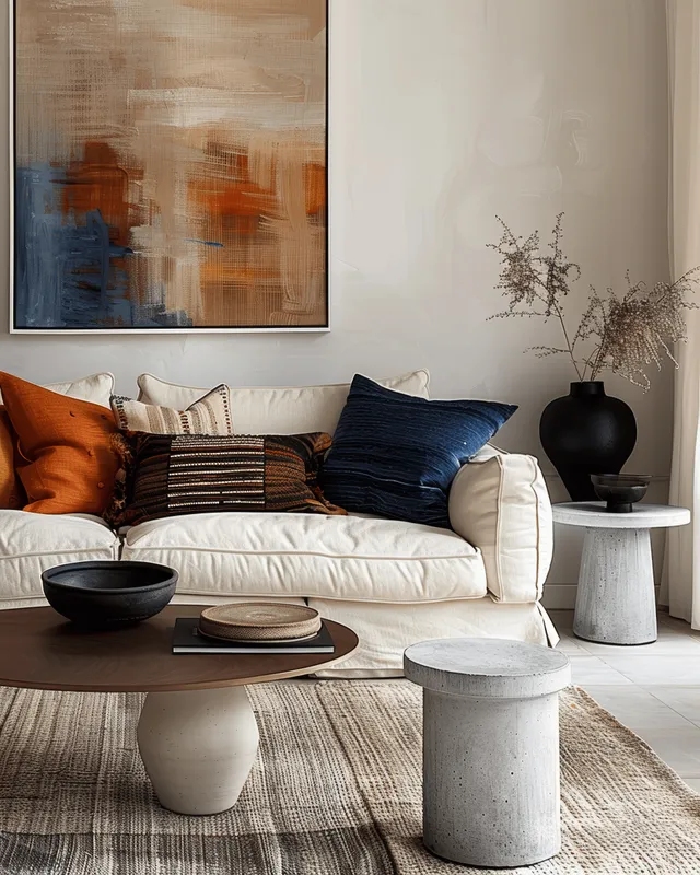 Beige sofa beneath an abstract painting with concrete side tables and a natural linen rug in a bright minimalist living room.