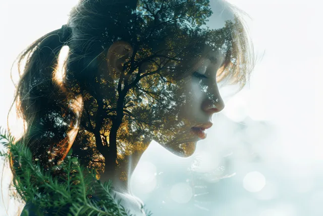 A woman’s side profile overlaps with a tree silhouette in soft sunlight, forming a double exposure nature scene.