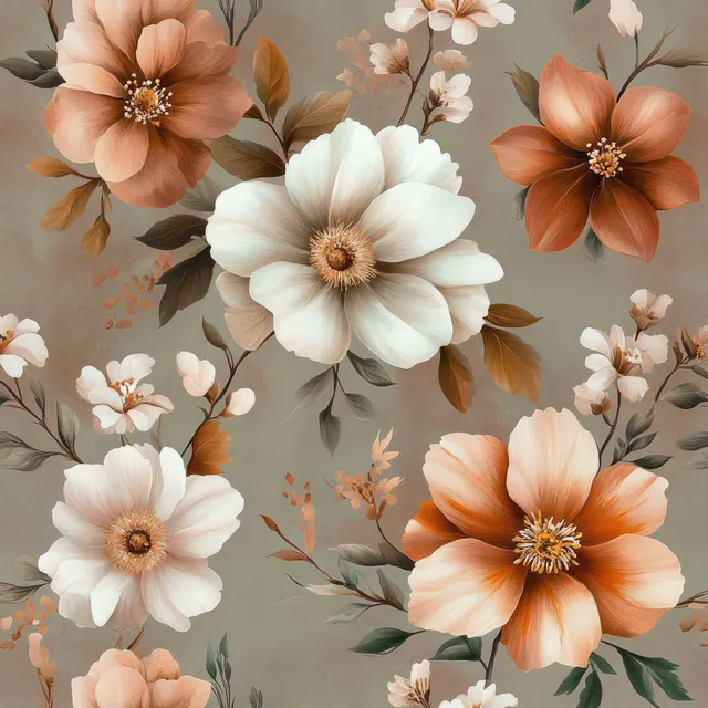 Pastel floral wallpaper pattern with realistic oil-painted blossoms and soft peach background
