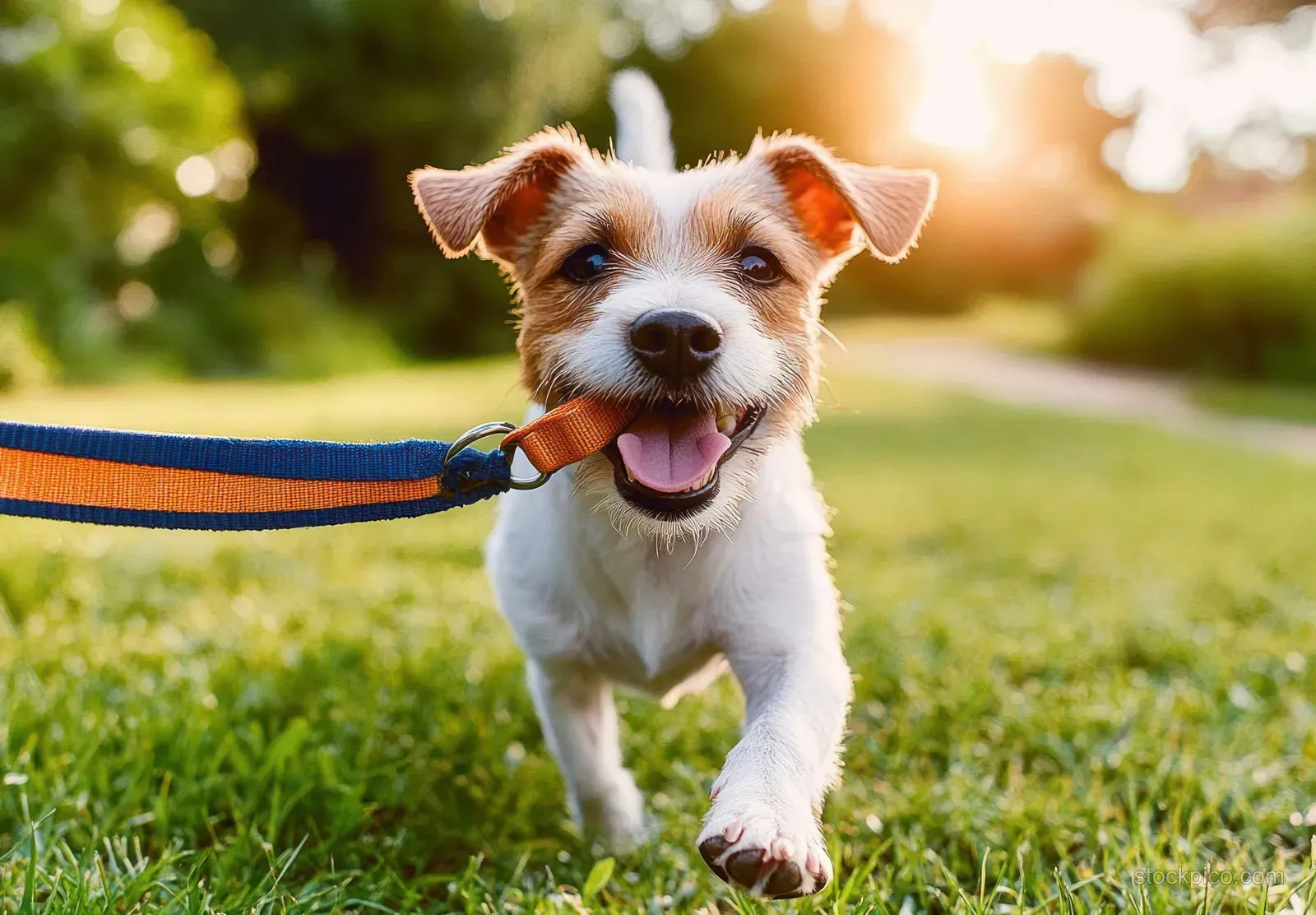 Small brown-and-white dog running on park grass with a blue leash in its mouth at sunset.