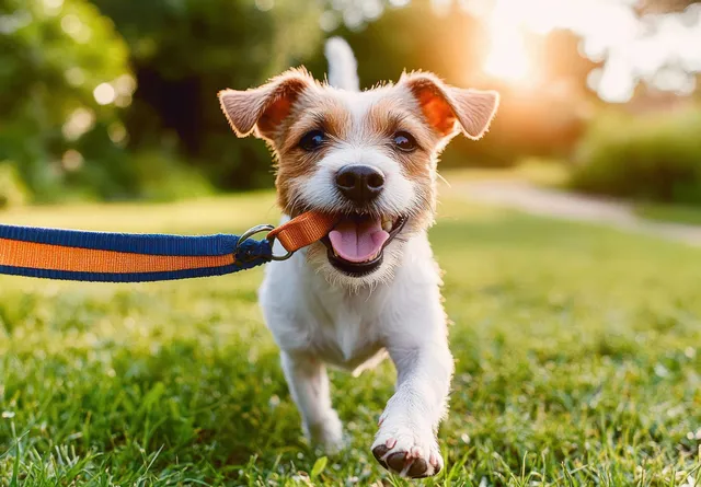 Small brown-and-white dog running on park grass with a blue leash in its mouth at sunset.