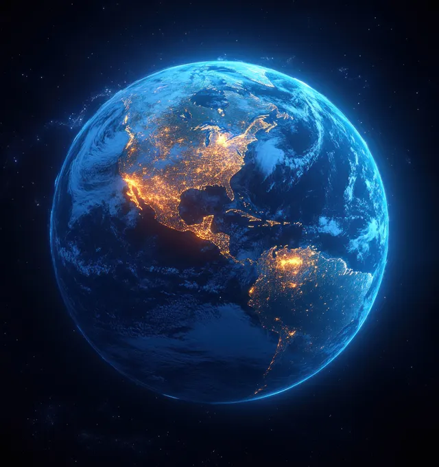 A glowing Earth globe with Australia visible and faint city lights under a soft blue atmosphere in space.