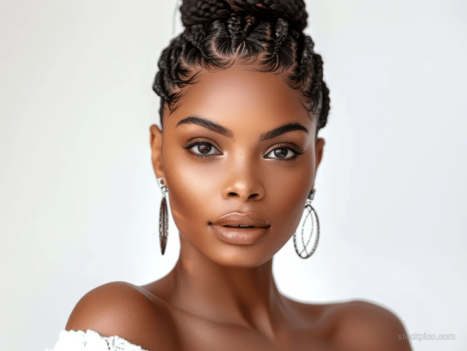 African American woman with long braids poses in a white dress facing the camera on a white background.