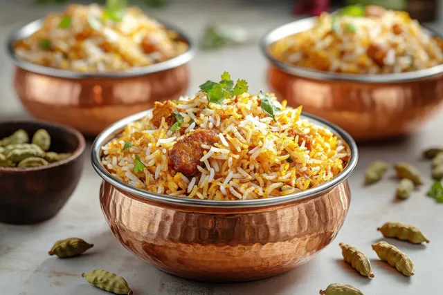 Spiced rice with meat chunks in a hammered copper bowl, garnished with cilantro and surrounded by cardamom pods.