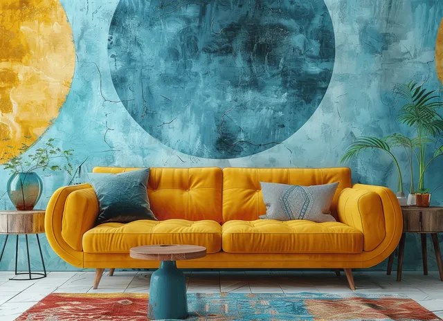 Retro yellow sofa in a minimalist living room with pastel blue circle wall mural and wooden side tables.