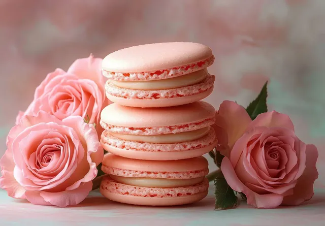 Stack of pink macarons with creamy filling beside soft pink roses in pastel light