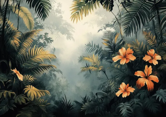 Watercolor jungle landscape with misty rainforest foliage and orange hibiscus flowers