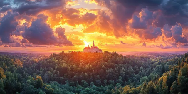Aerial sunset view of a hilltop castle glowing above dense green forest canopy