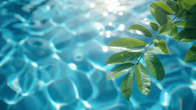 Bright blue pool water with sparkling highlights and a palm leaf shadow creates a relaxing tropical summer atmosphere.