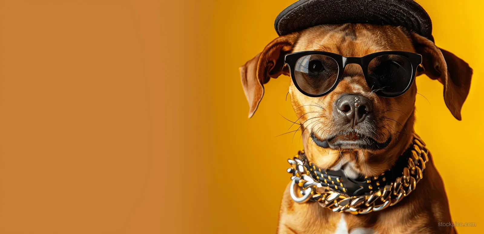 Brown dog wearing black sunglasses, gold chain, and cap poses on a solid yellow background.