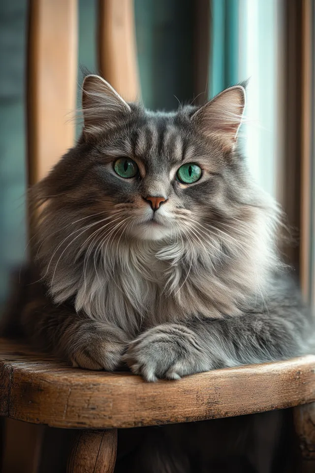 Fluffy grey cat with long fur and green eyes resting on wooden chair indoors