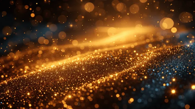Glittering Golden Light Bokeh with Rays on Dark Abstract Background