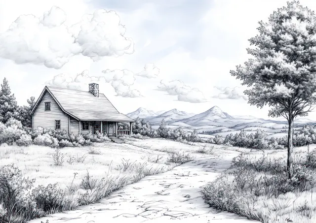 Cozy cabin in snowy countryside with rolling hills, trees, and distant mountains