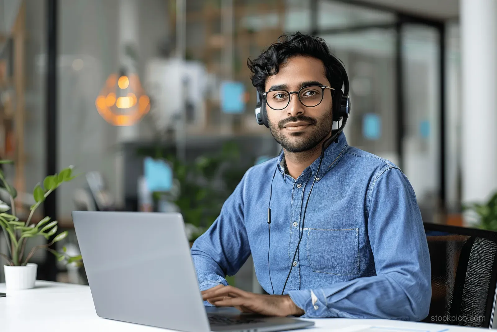 Indian call center agent wearing a headset speaks while working at a laptop in a modern office with a glass wall.