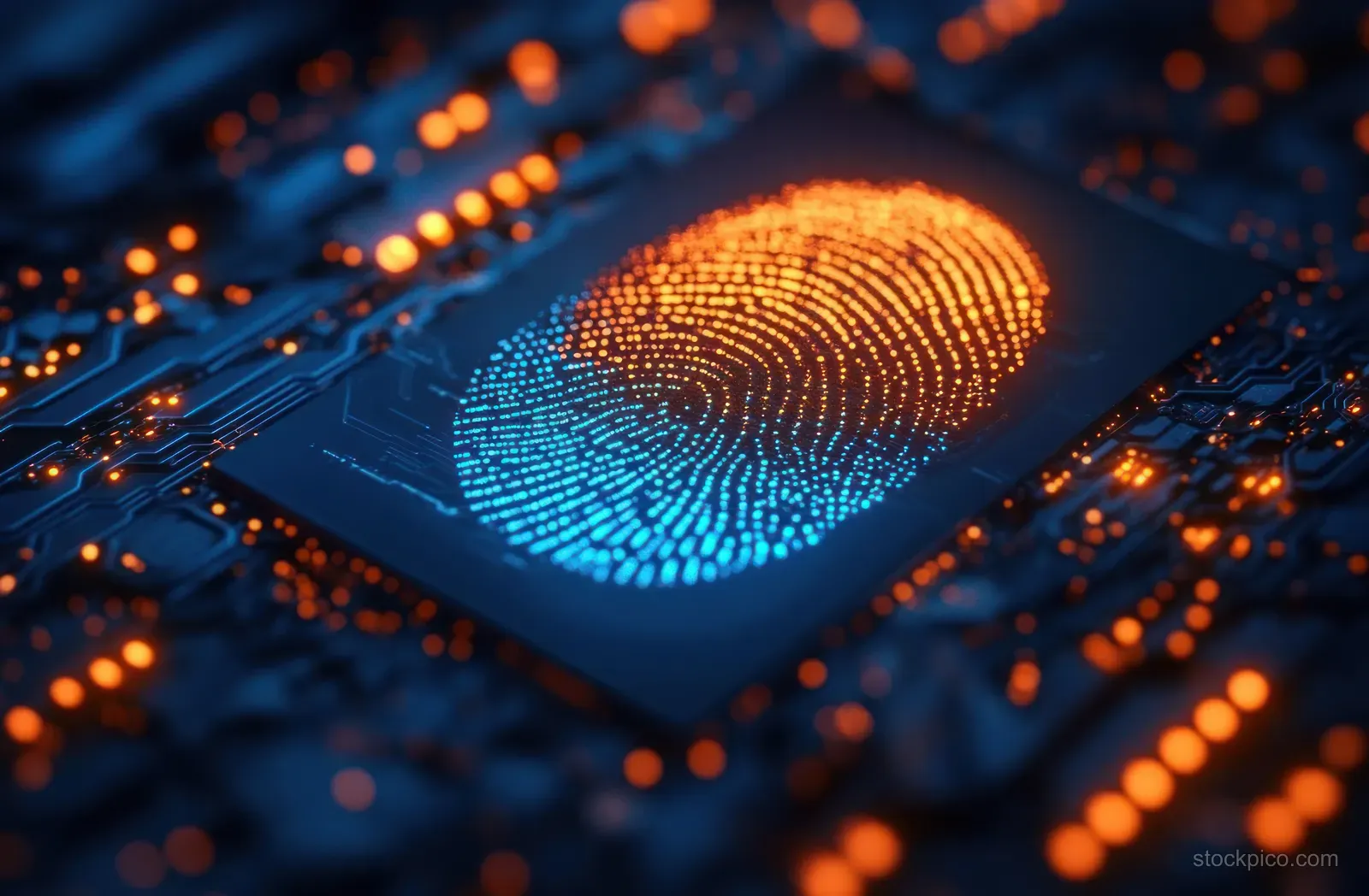 Glowing fingerprint pattern on a circuit board surrounded by orange and blue data light traces.