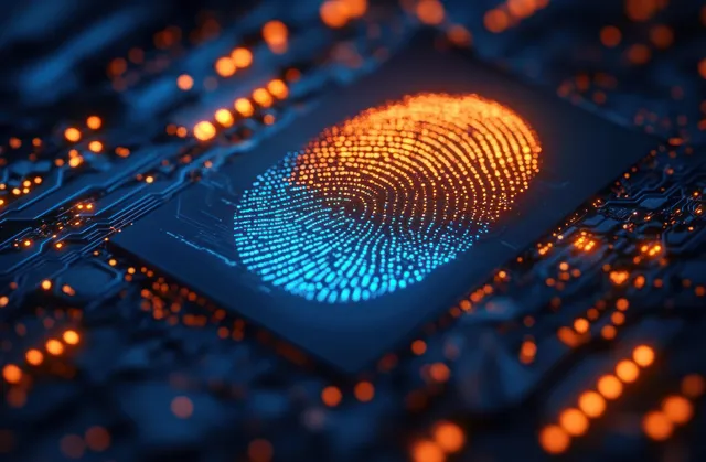 Glowing fingerprint pattern on a circuit board surrounded by orange and blue data light traces.