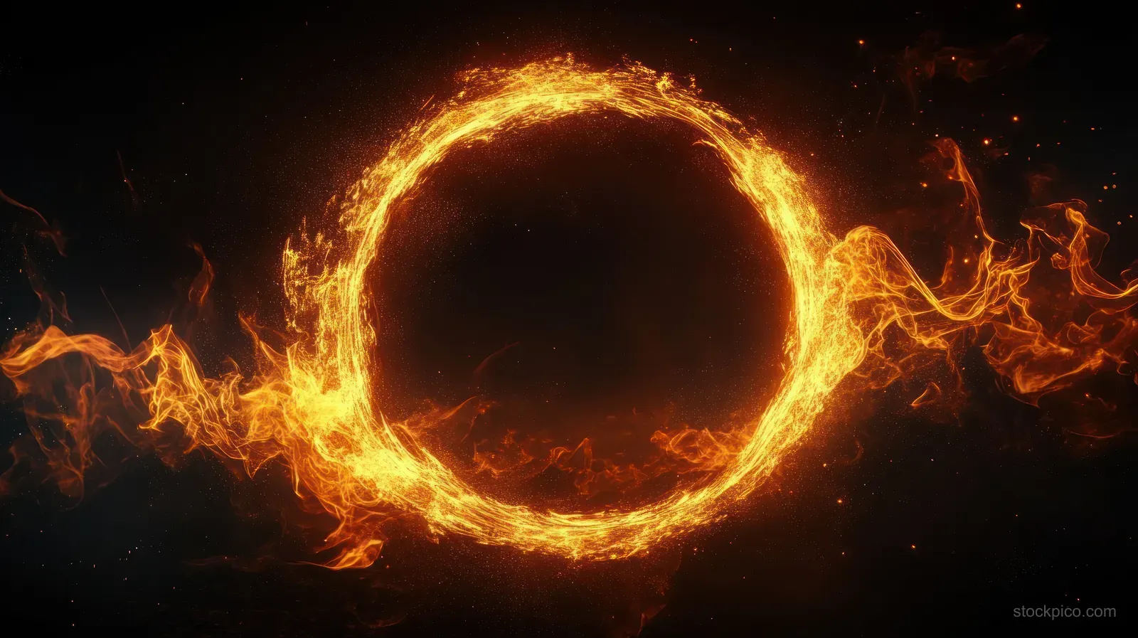 A glowing ring of fire with swirling flames and sparks forms an abstract circle on a dark background.