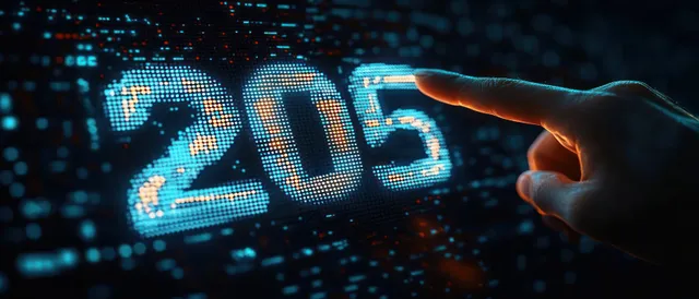 A finger points at the glowing number 205 on a futuristic pixelated blue and orange screen.