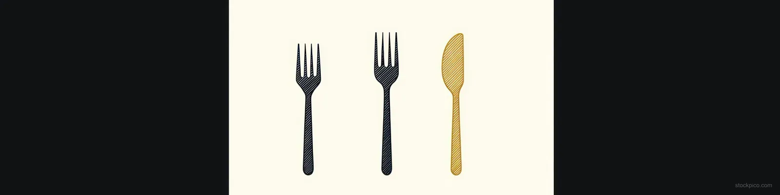 A fork, spoon, and knife arranged vertically on a cream background.