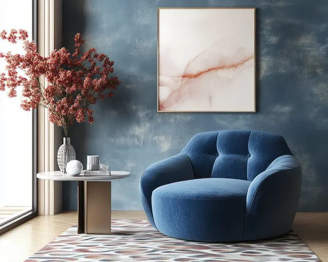 A blue velvet armchair sits beside a marble side table with flowers in a minimalist room.
