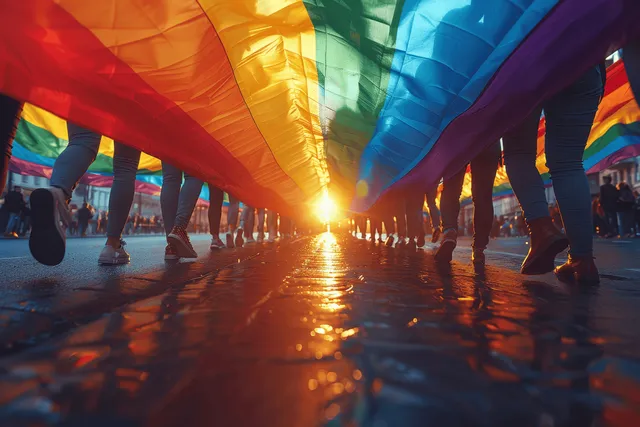 Pride parade crowd beneath rainbow flags, diverse feet walking on wet city street