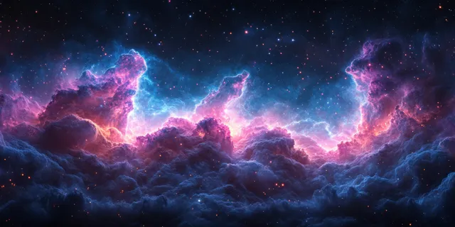 Pink and blue nebula clouds glow across a wide star-filled space scene.