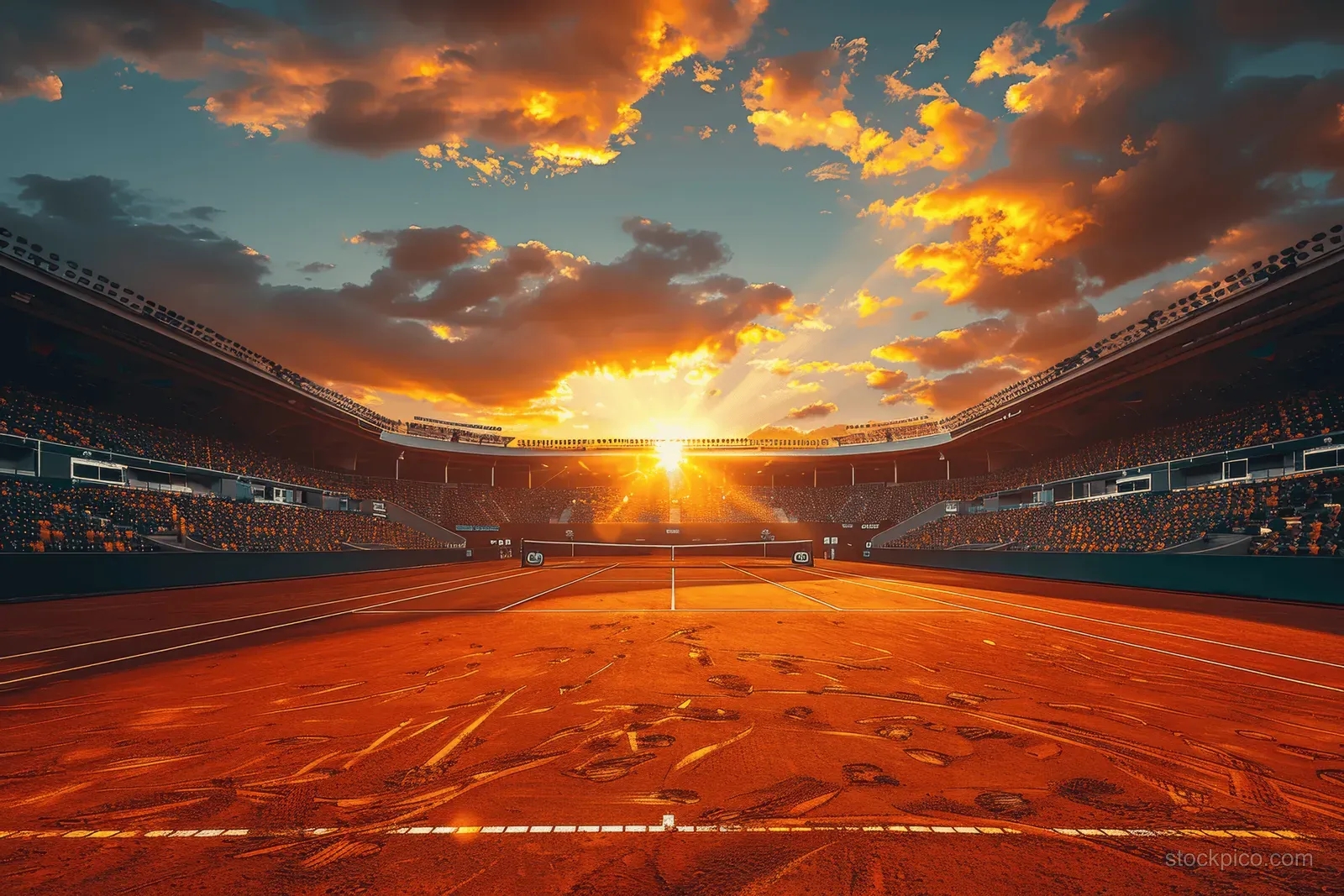 Empty clay tennis court inside a stadium at sunset with orange light and dramatic clouds overhead.